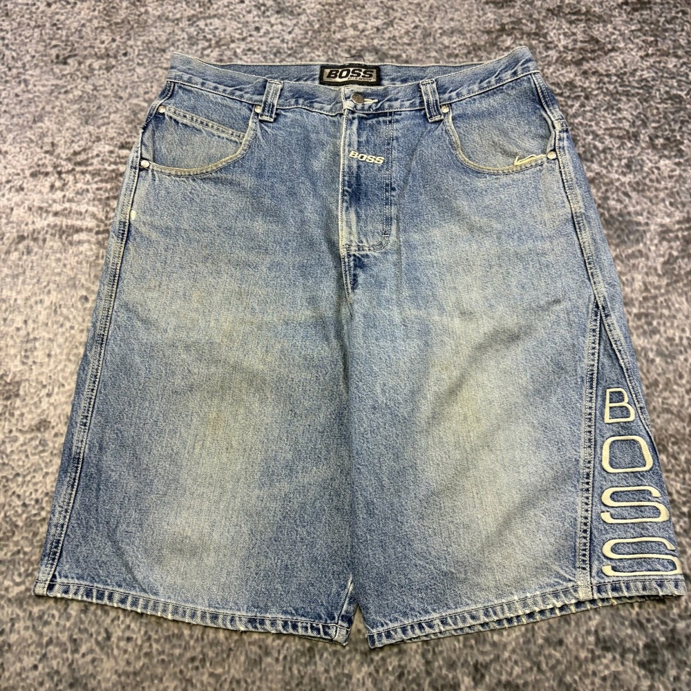 VTG Y2K Boss Jorts Mens 36 Blue Baggy Wide Leg Embroidered Skater Denim Shorts